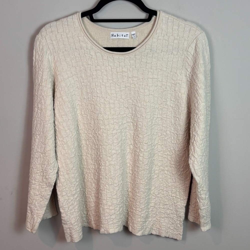 Habitat Beige Textured Cotton Linen Blend Boxy Tee Stretch Womens sz Large Boho